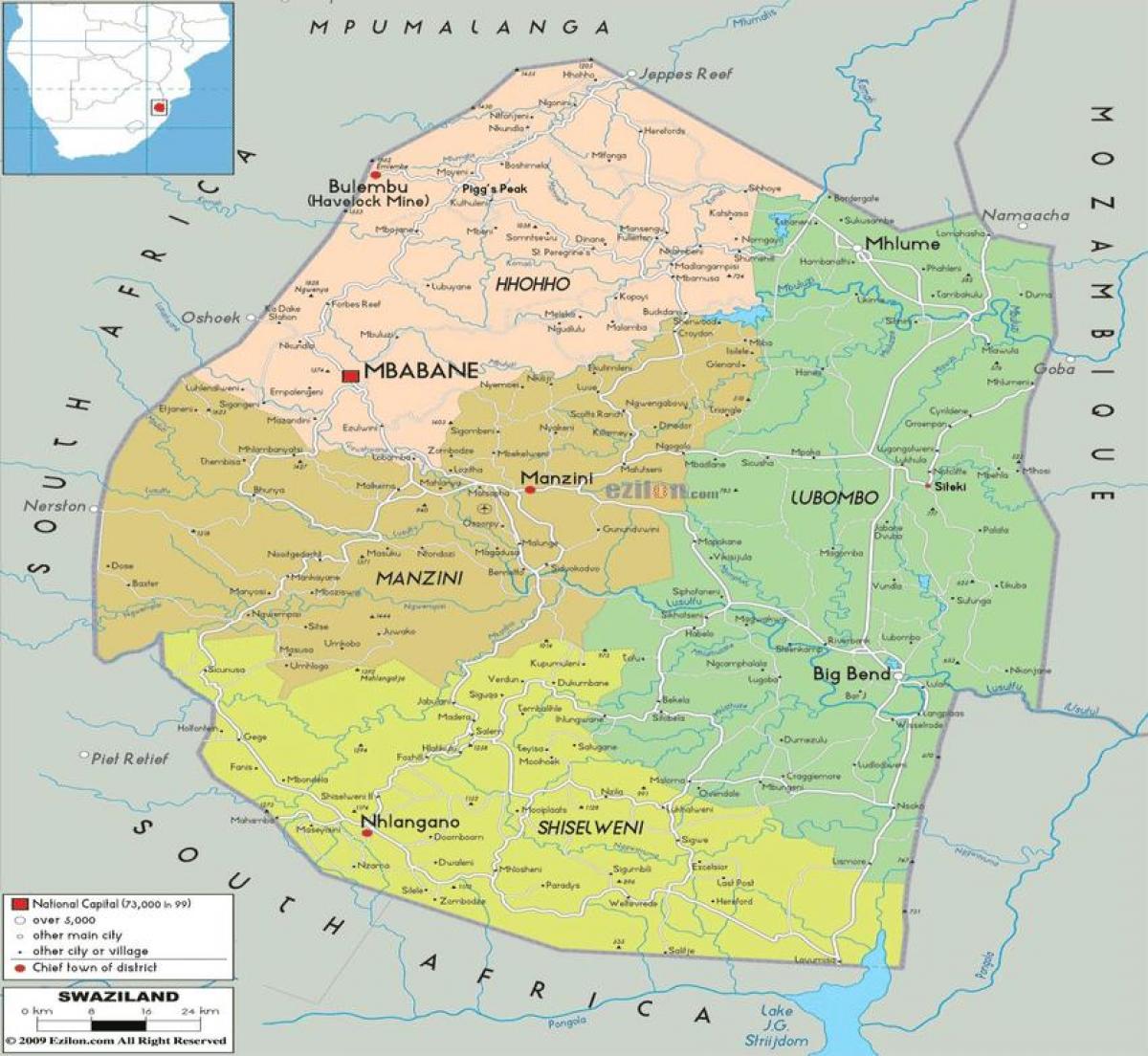 Mapa ng Swaziland rehiyon