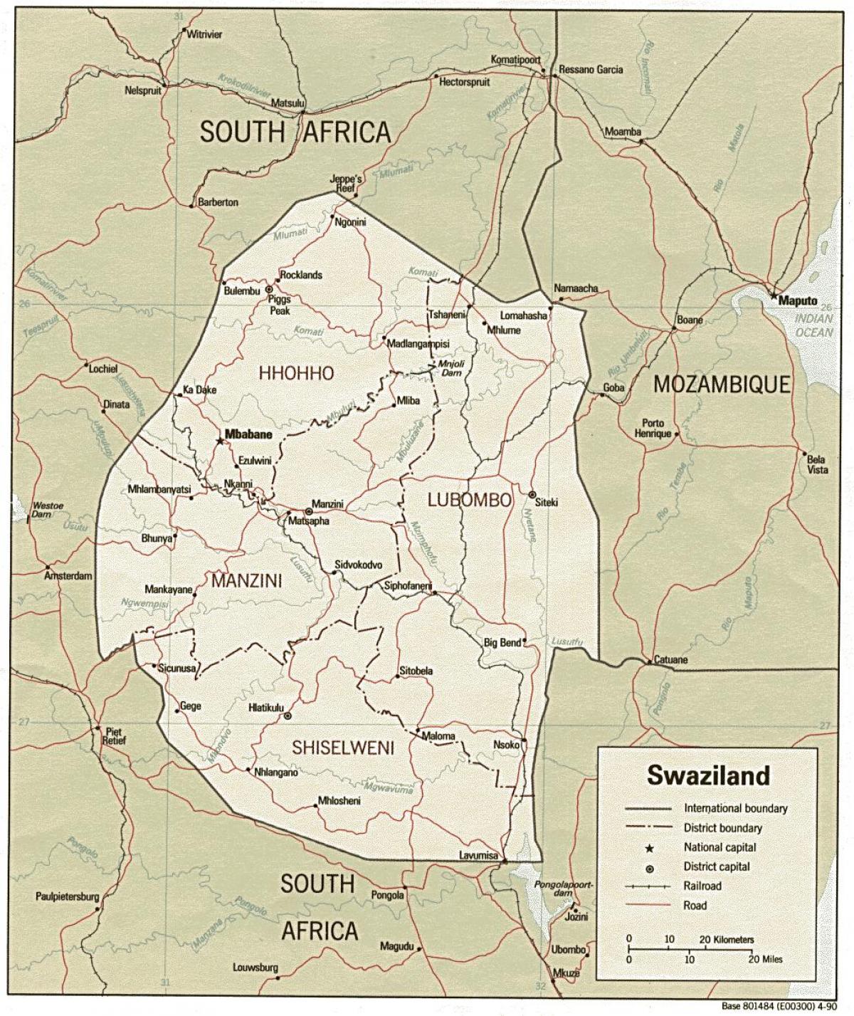 mapa ng Swaziland ng pagpapakita ng mga hangganan ng mga post