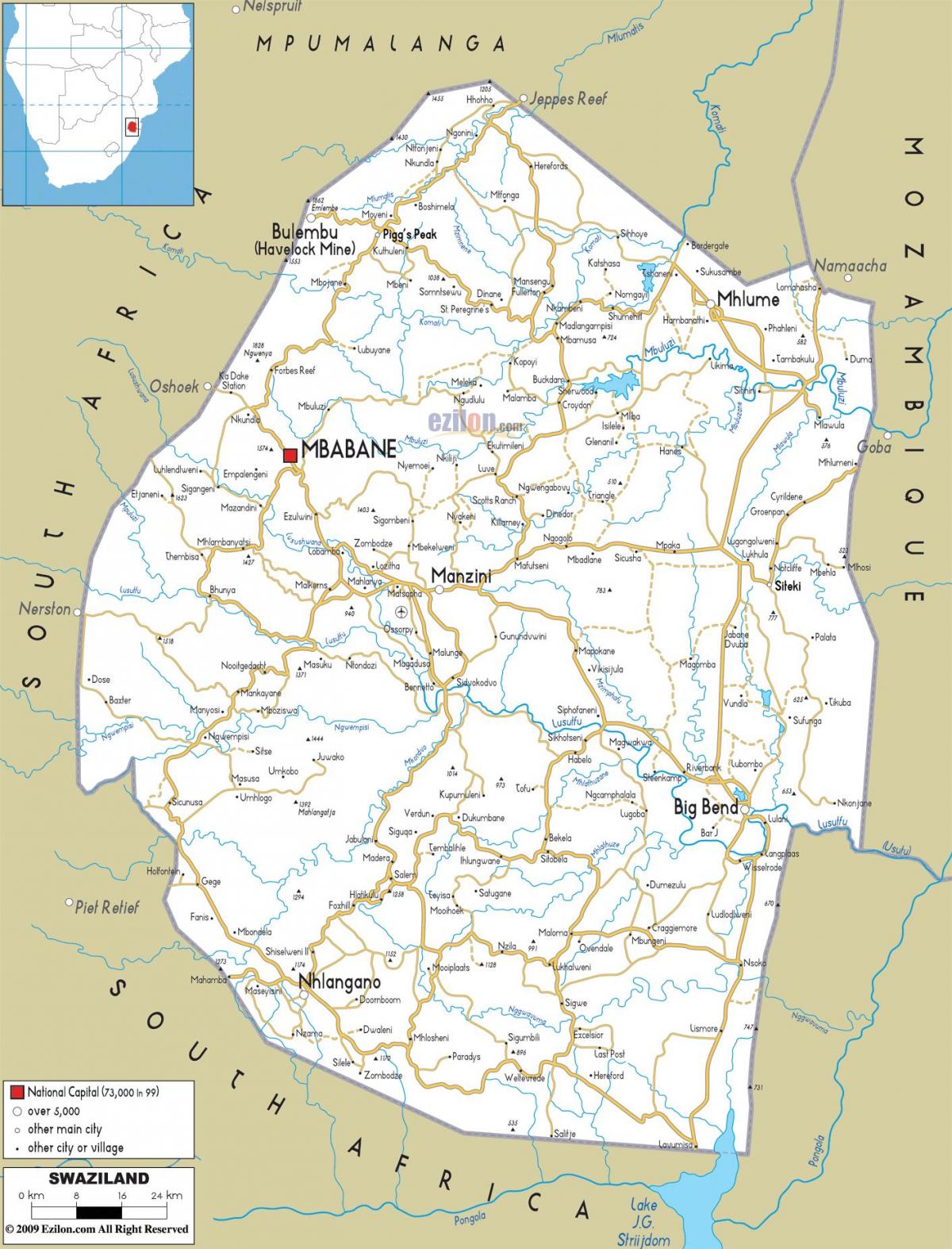 ang mapa ng Swaziland
